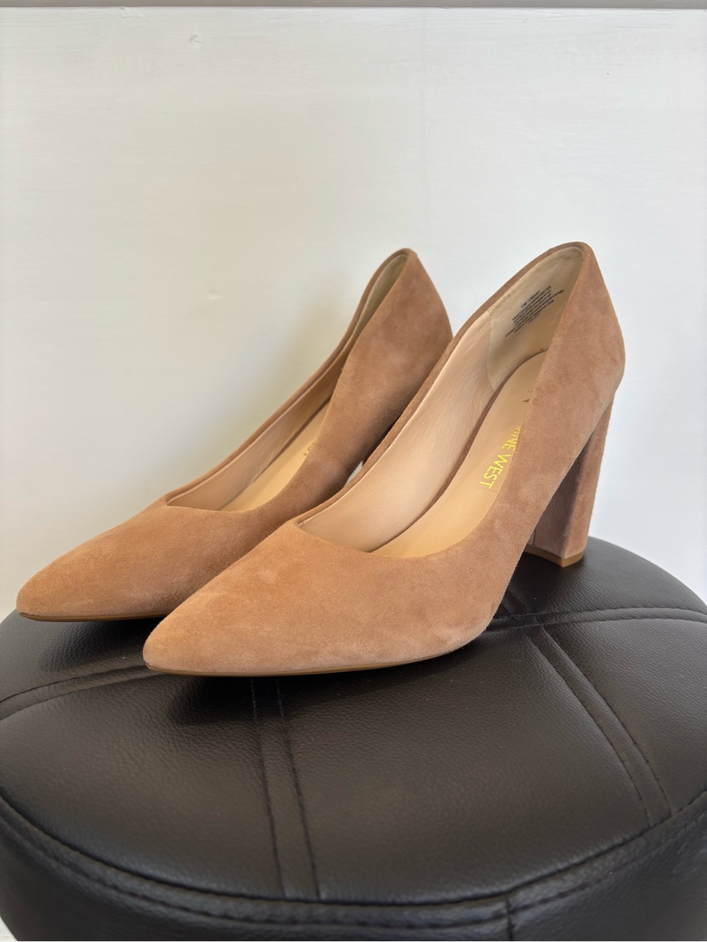 Nine West Tan Suede Pointed Block Heel Pumps